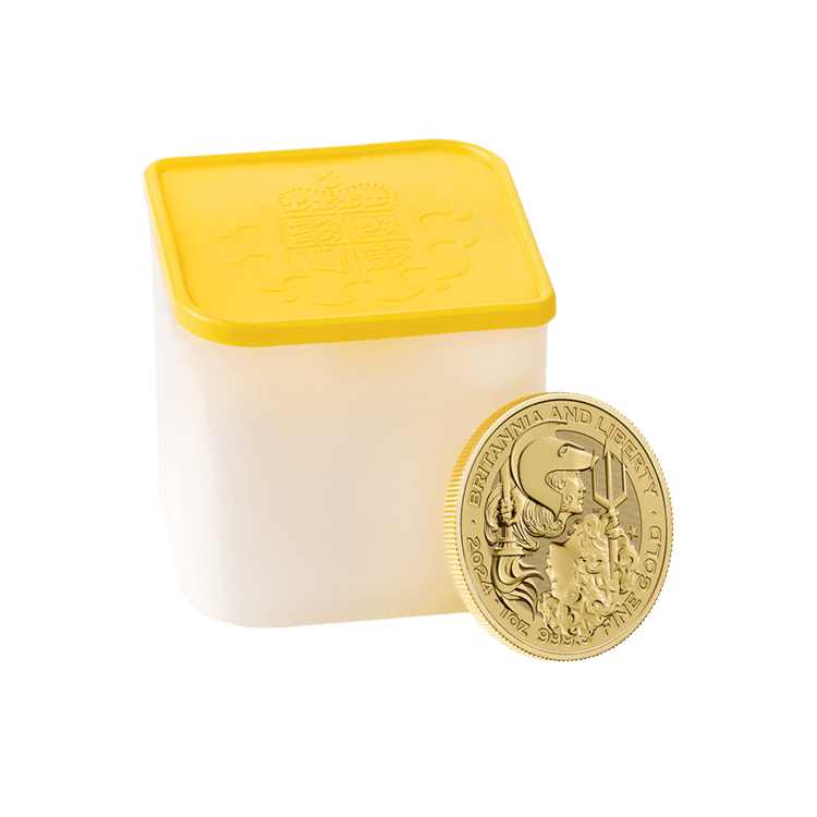 Verpakking van de 1 troy ounce gouden Britannia and Liberty munt uit 2024