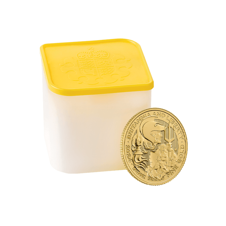 Verpakking van de 1/4 troy ounce gouden Britannia and Liberty munt uit 2024