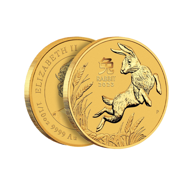 Zijkant van de 1/10 troy ounce gouden munt Lunar 2023
