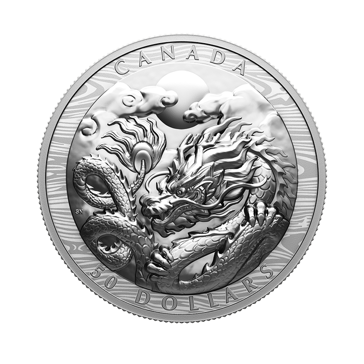 Voorzijde van de 100 gram zilveren $50 – Year of the Dragon munt uit 2024 in proof kwaliteit