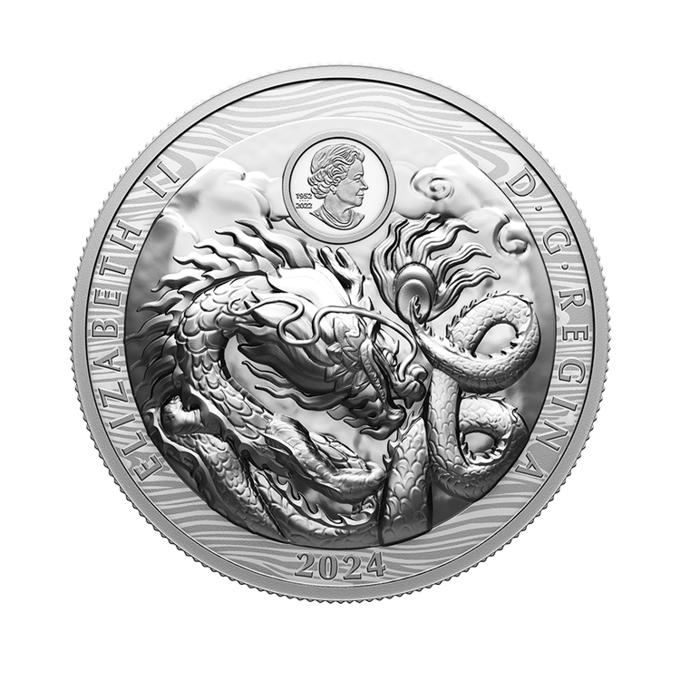 Achterzijde van de 100 gram zilveren $50 – Year of the Dragon munt uit 2024 in proof kwaliteit