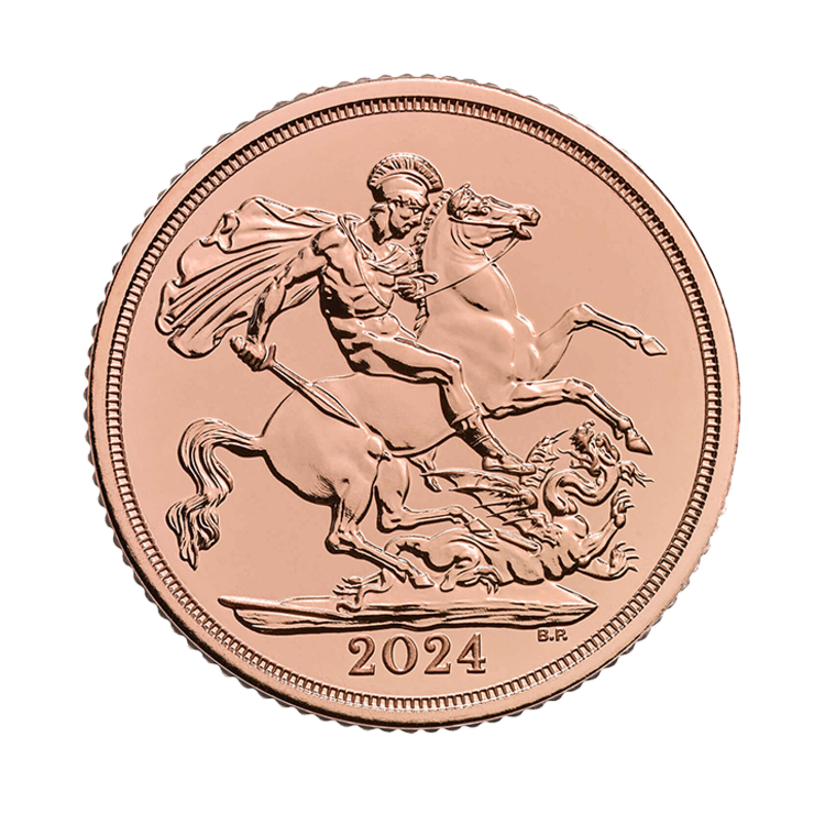 Voorzijde van de gouden Sovereign munt uit 2024
