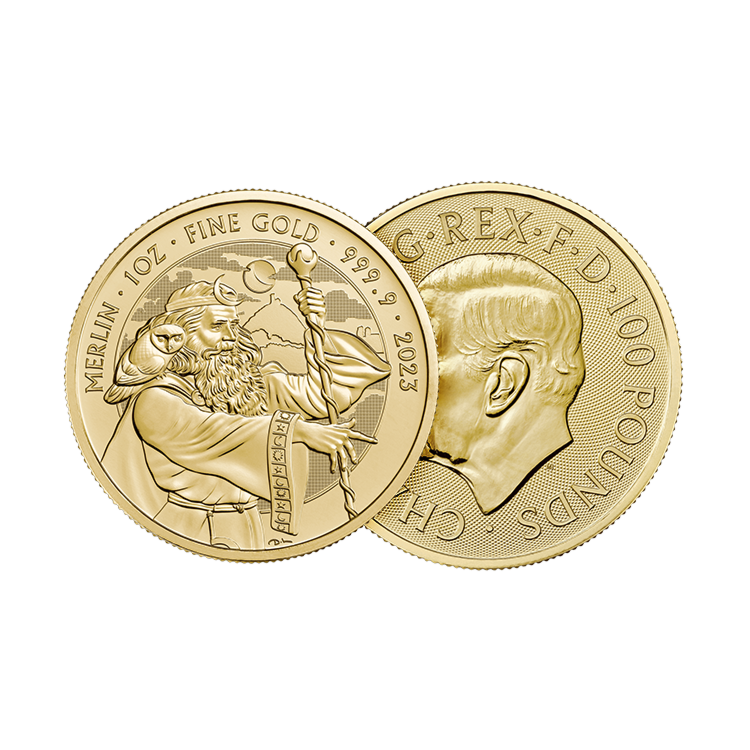 Voor- en achterzijde 1 troy ounce gouden Merlin munt 2023
