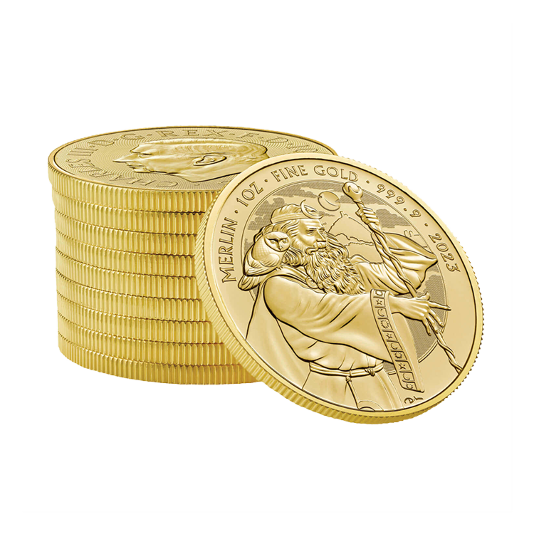 Gestapelde 1 troy ounce gouden Merlin munt 2023