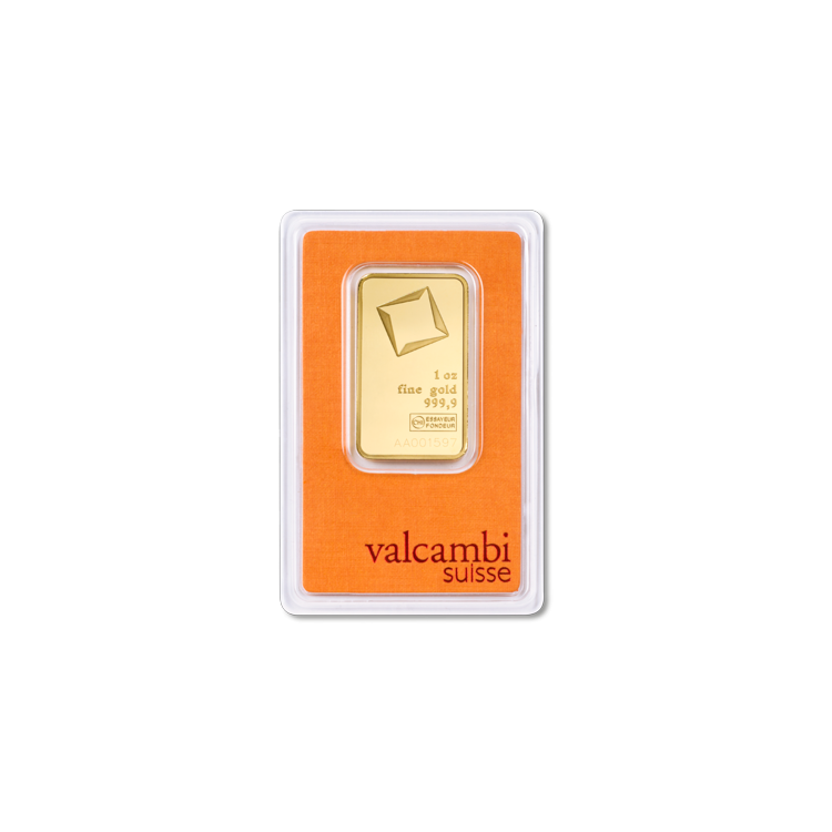 Goudbaar 1 troy ounce 99,99% goud van Valcambi