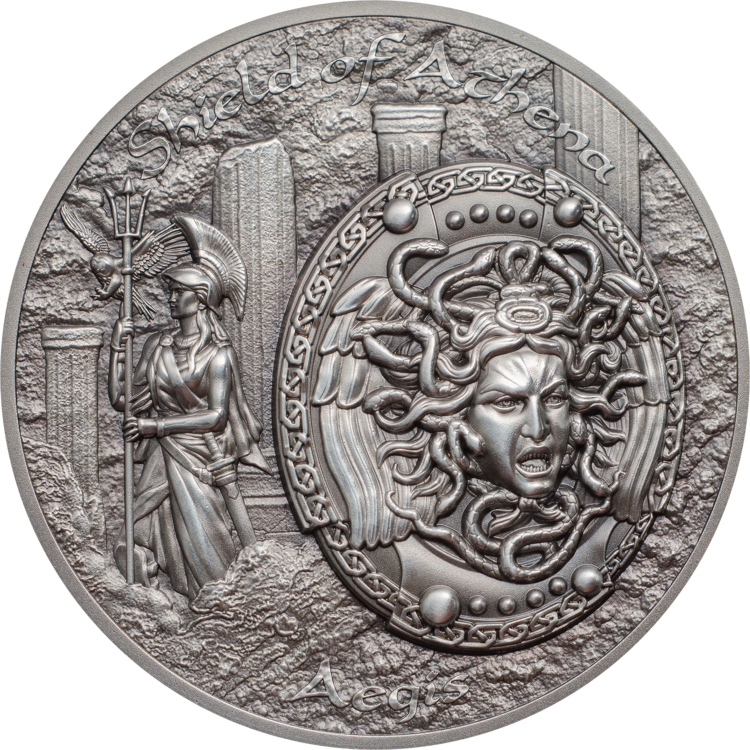 2 troy oz zilveren munt Shield of Athena Aegis Mythology 5$ Niue 2018