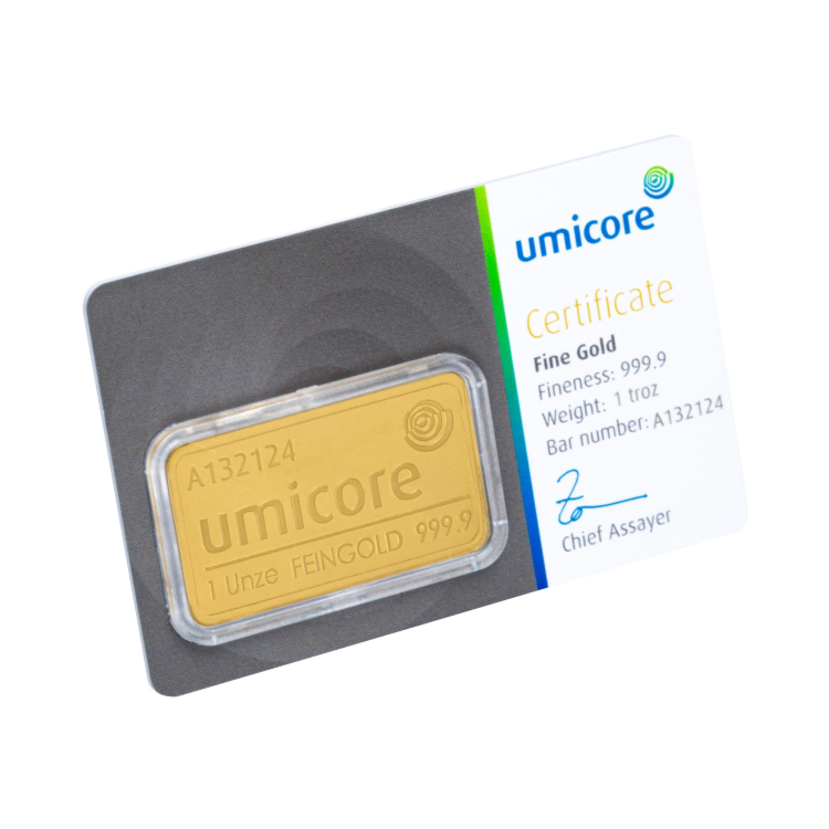Voorkant Umicore 1 troy ounce goudbaar met certificaat