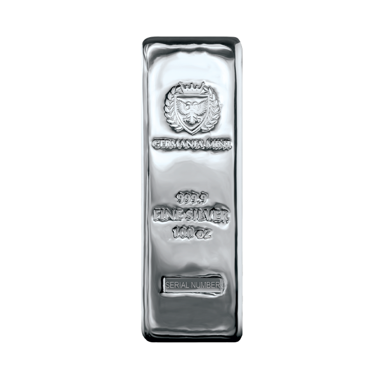100 troy ounce zilverbaar Germania Mint voorkant