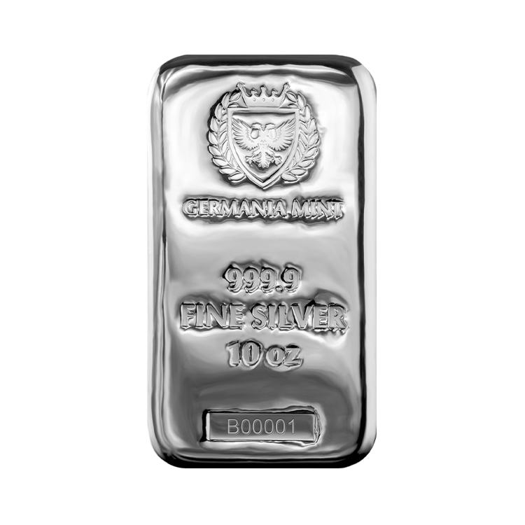 10 troy ounce zilverbaar Germania Mint voorkant