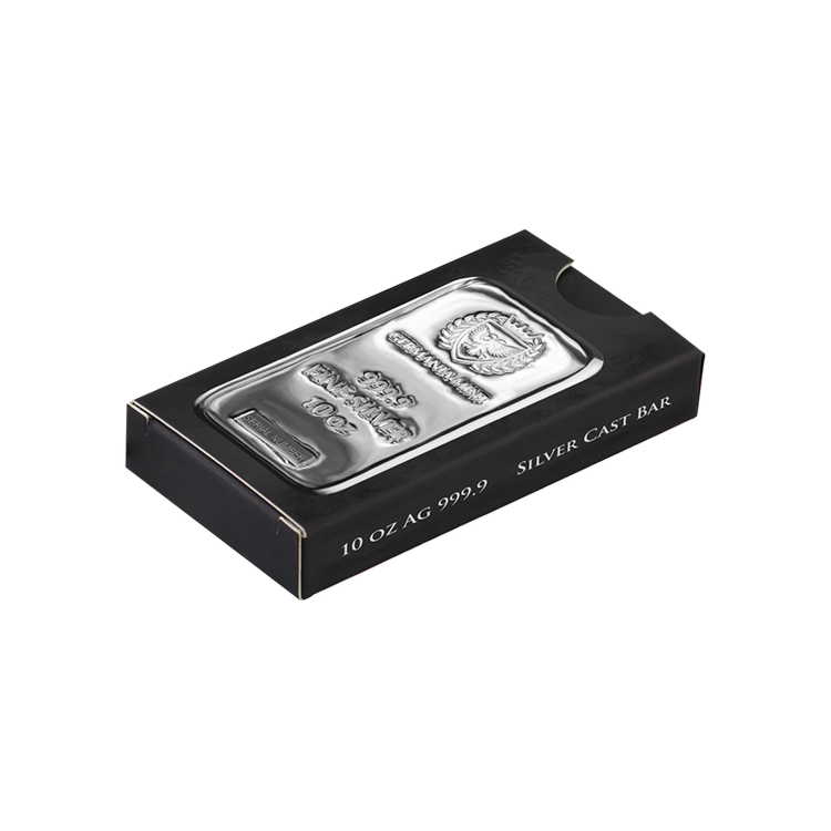 Verpakking 10 troy ounce zilverbaar Germania Mint