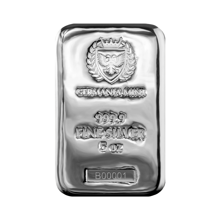 5 troy ounce zilverbaar Germania Mint voorkant