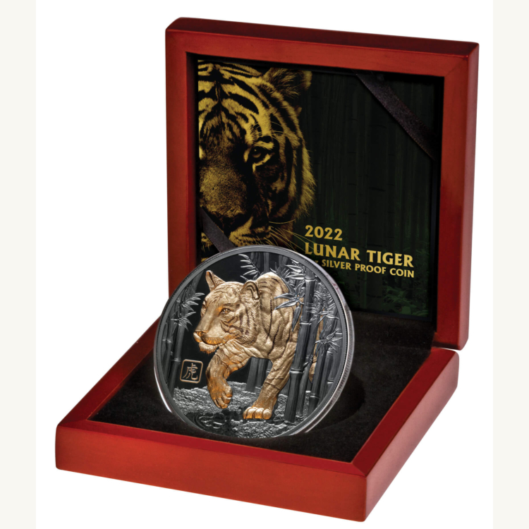 5 troy ounce zilveren munt jaar van de tijger black 2022 Proof