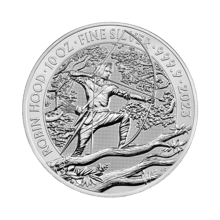 10 troy ounce zilveren munt Robin Hood 2023 voorkant