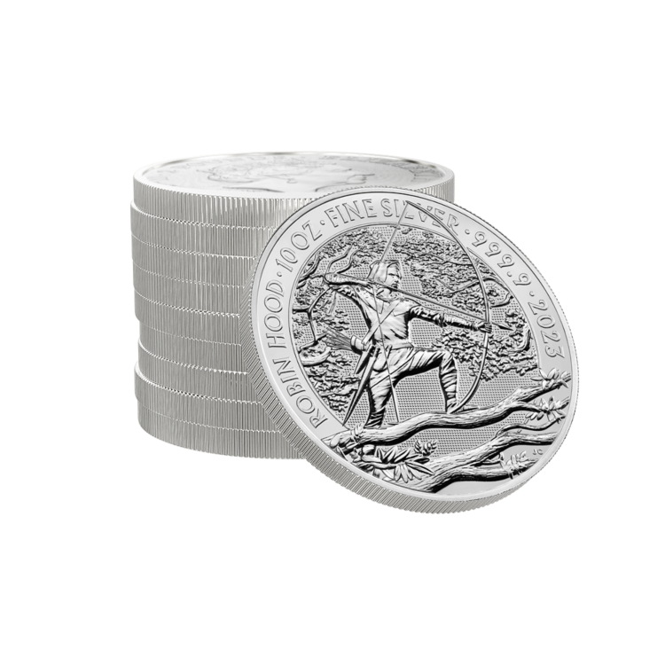 Stapeltje van de 10 troy ounce zilveren munt Robin Hood 2023