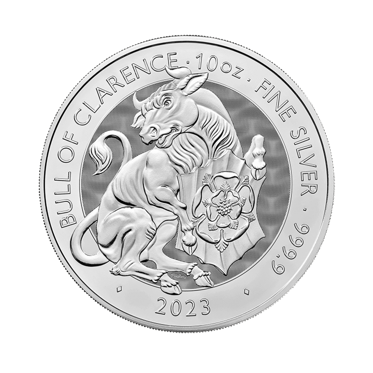 10 troy ounce zilveren munt Tudor Beasts Bull of Clarence 2023 voorzijde
