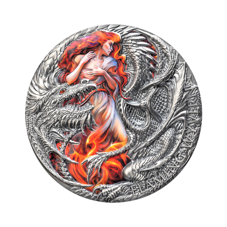 Ontwerp van de Flaming Wyvern zilveren munt