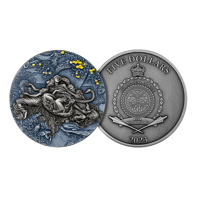 Voor- en achterzijde zilveren Tuin der Hesperiden munt