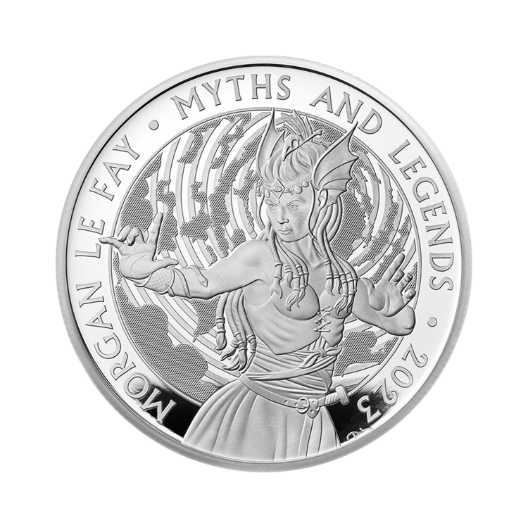 Voorkant 2 troy ounce zilveren Morgan Le Fay proof munt