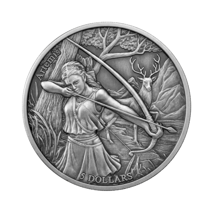 2 troy ounce zilveren munt de 12 olympiers in de dierenriem – Artemis vs Sagittarius voorkant