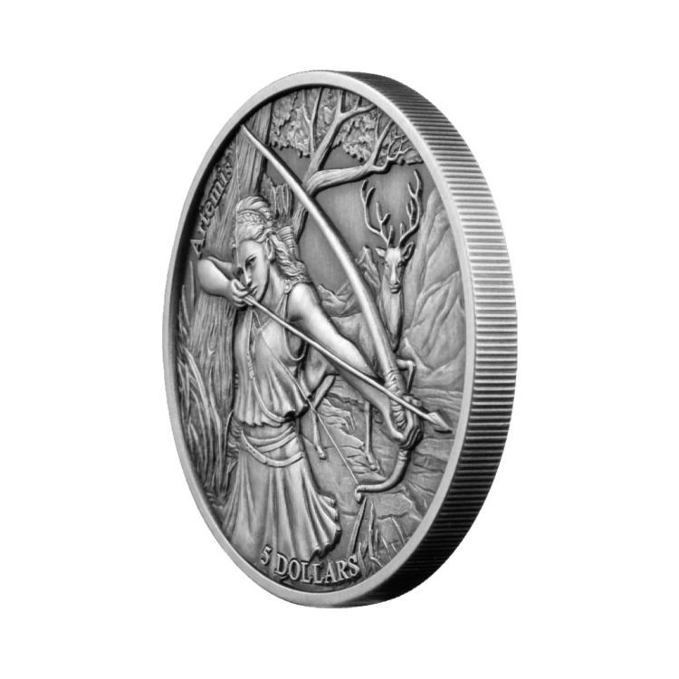 Zijkant 2 troy ounce zilveren munt de 12 olympiers in de dierenriem – Artemis vs Sagittarius