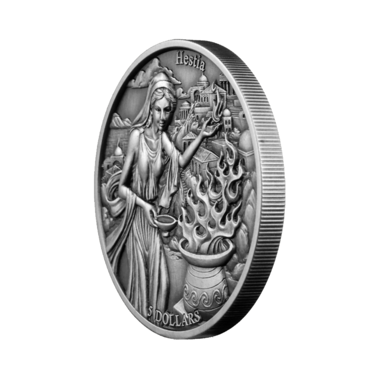Zijkant 2 troy ounce zilveren munt de 12 olympiers in de dierenriem – Hestia vs Capricornen
