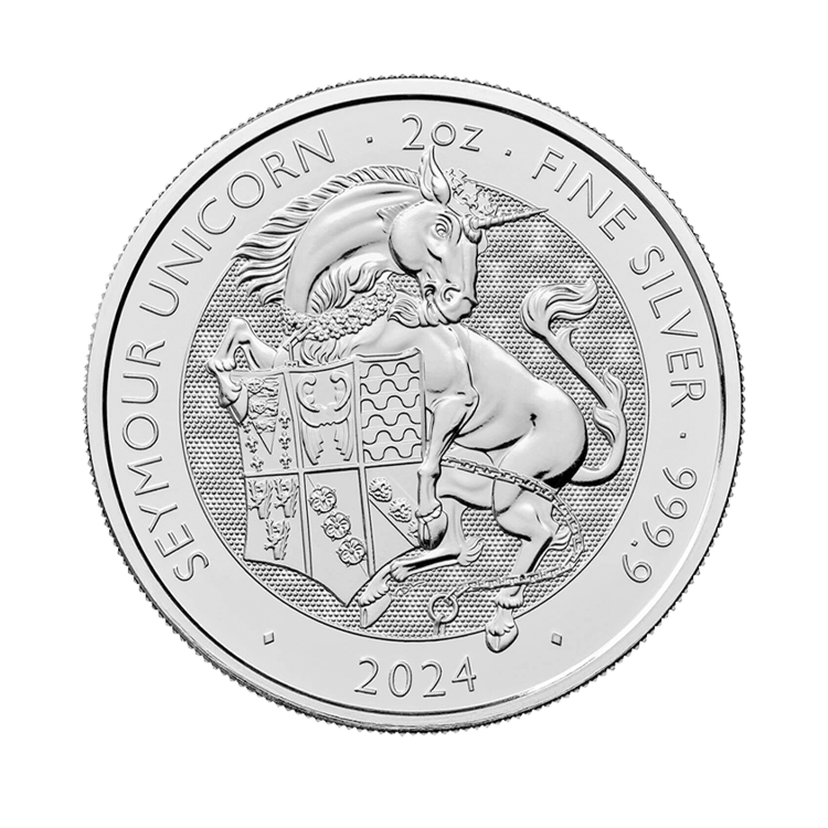 Voorkant 2 troy ounce zilveren munt Tudor Beasts Seymour Unicorn 2024