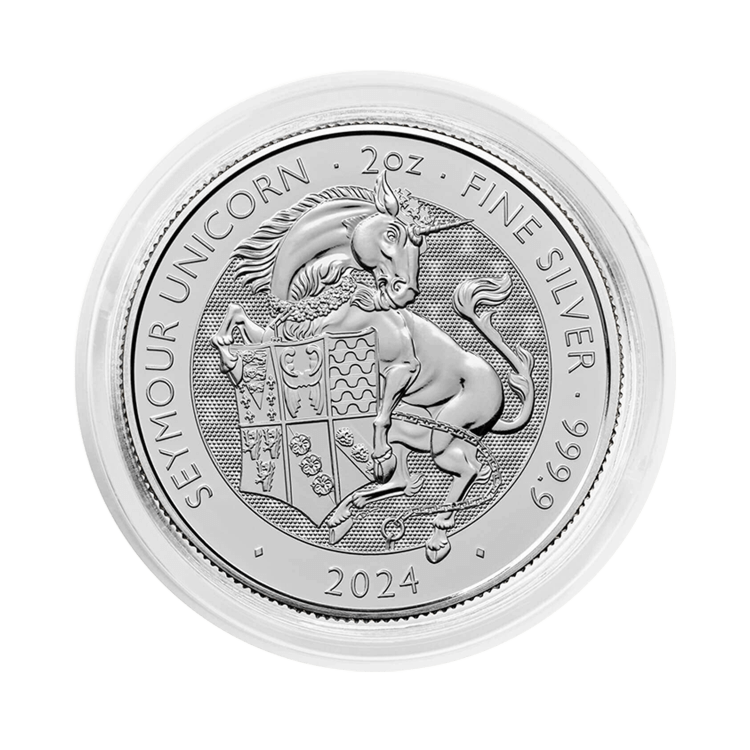 2 troy ounce zilveren munt Tudor Beasts Seymour Unicorn 2024 in een muntcapsule
