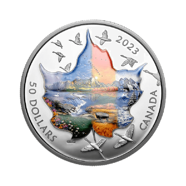 3 troy ounce zilveren Canadian Collage Four Seasons colored 2023 proof munt voorzijde