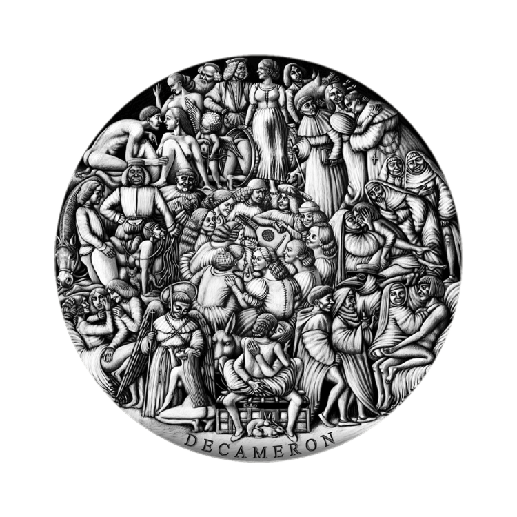 5 troy ounce zilveren Decameron munt voorzijde ontwerp