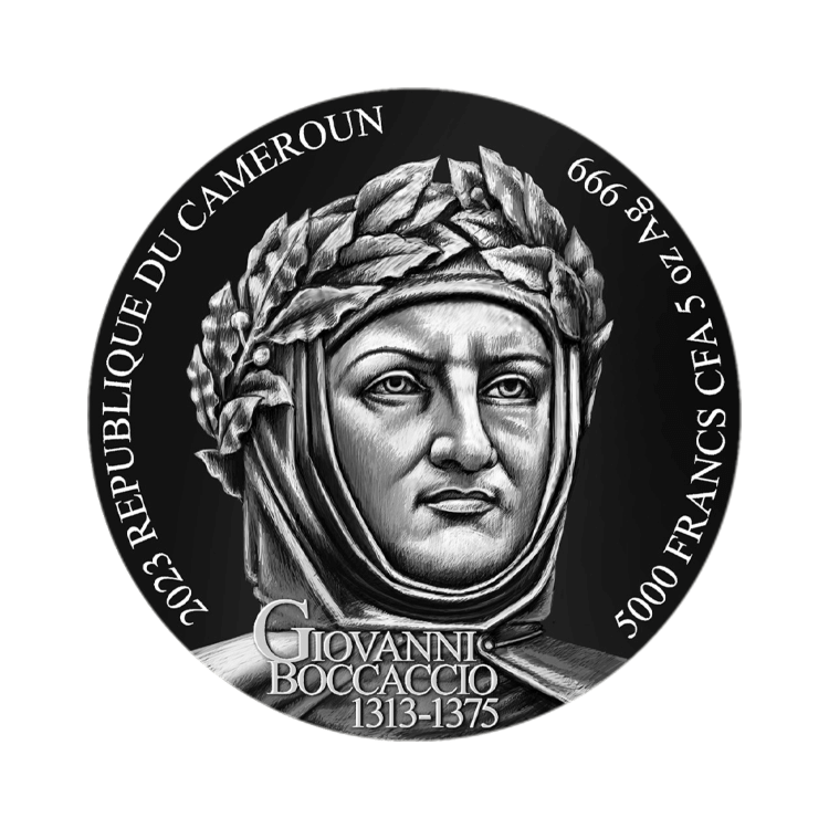5 troy ounce zilveren Decameron munt achterzijde Giovanni Boccaccio