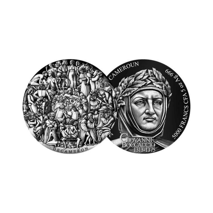 5 troy ounce zilveren Decameron munt ontwerp voor en achterzijde