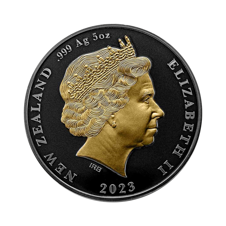 5 troy ounce zilveren Kiwi munt 2023 proof achterzijde