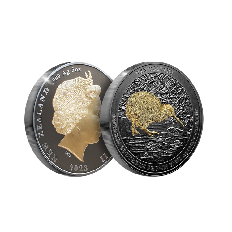 5 troy ounce zilveren Kiwi munt 2023 proof ontwerp