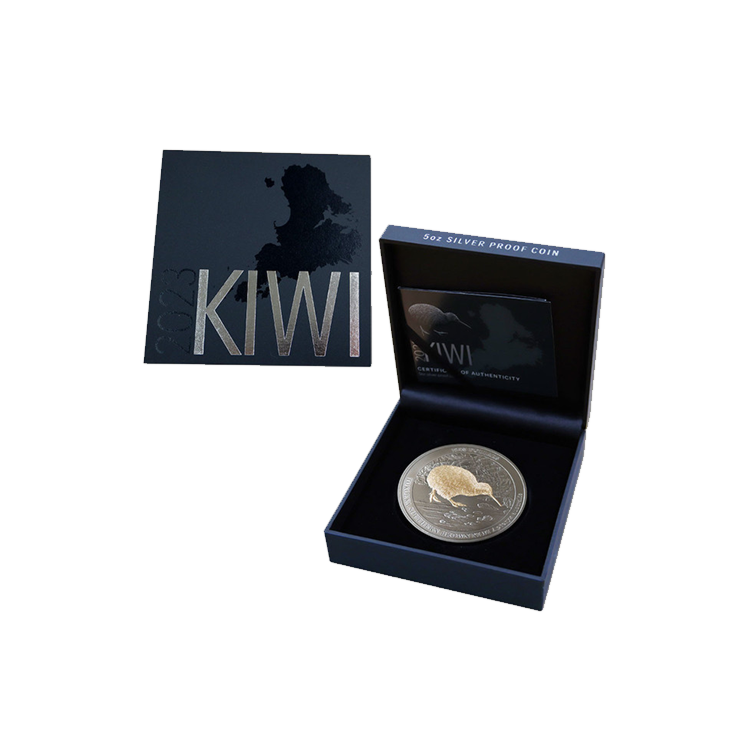 5 troy ounce zilveren Kiwi munt 2023 proof verpakking