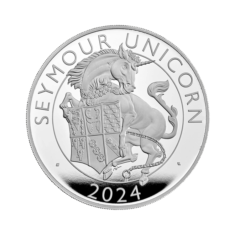 Voorzijde 5 oz zilveren Tudor Beasts Seymour Unicorn munt