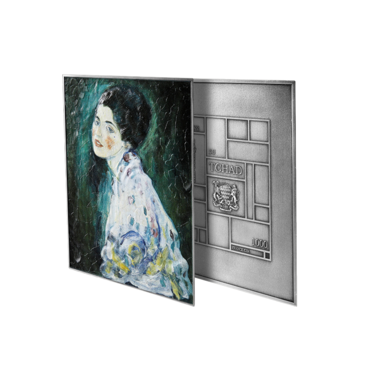 Voor en achterkant van de 33,5 troy ounce koperen munt Gustav Klimt - Portrait of a Lady