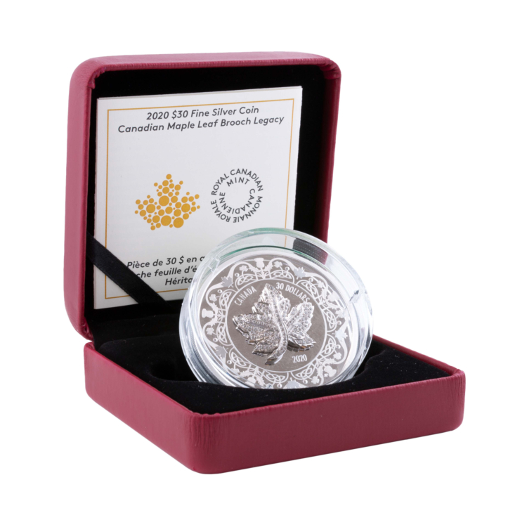 Zilveren munt Maple Leaf Canadese esdoornblad broche legacy 2020