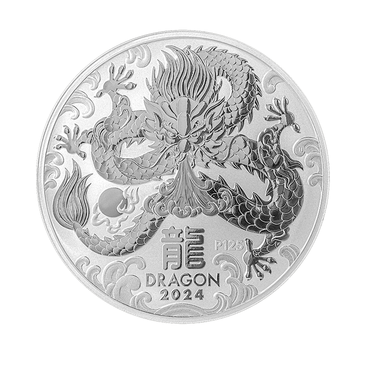 Voorkant van de 1 kilogram zilveren munt Lunar 2024
