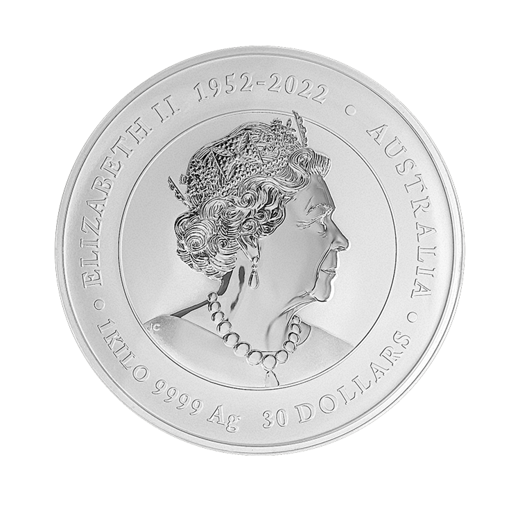 Achterkant van de 1 kilogram zilveren munt Lunar 2024