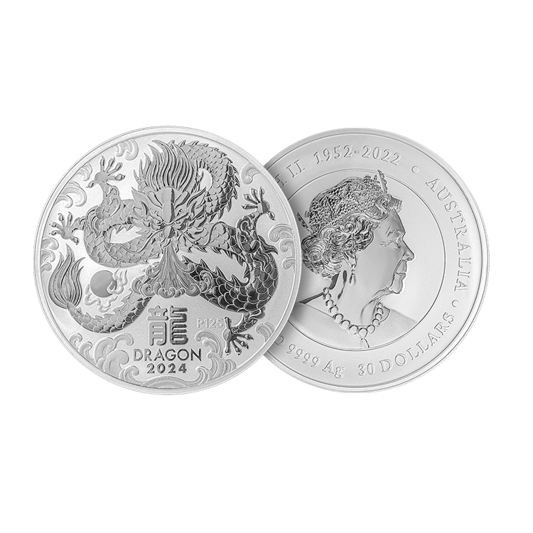 Voor- en achterkant van de 1 kilogram zilveren munt Lunar 2024