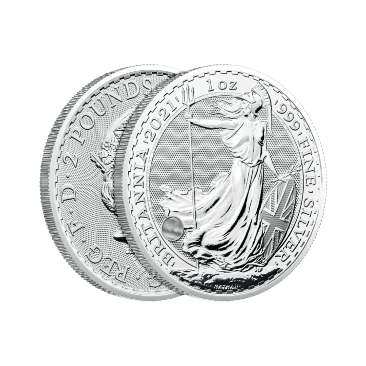 Zijkant 1 troy ounce zilveren Britannia munt diverse jaargangen