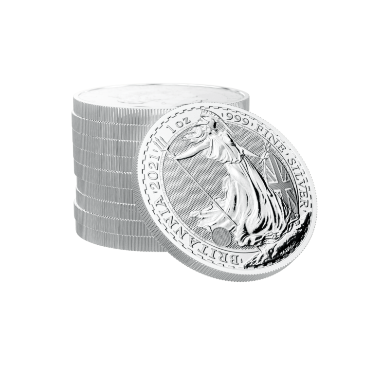 Stapel van de 1 troy ounce zilveren Britannia munt diverse jaargangen