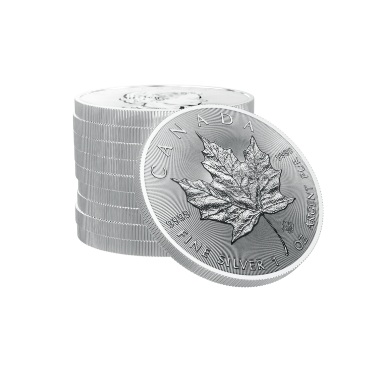 Stapeltje van de 1 troy ounce zilver Maple Leaf munt 2021