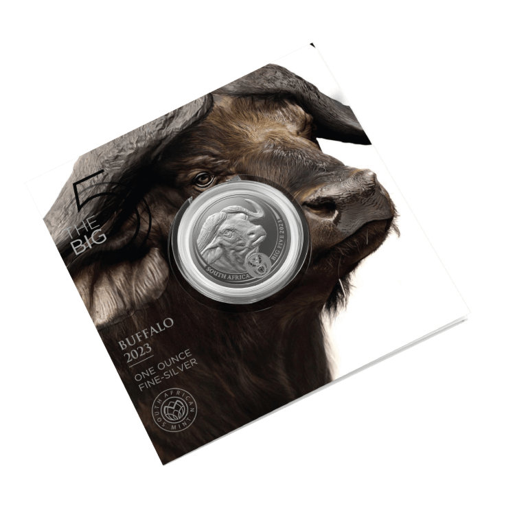 verpakking 1 troy ounce zilveren munt Big Five Buffel 2023