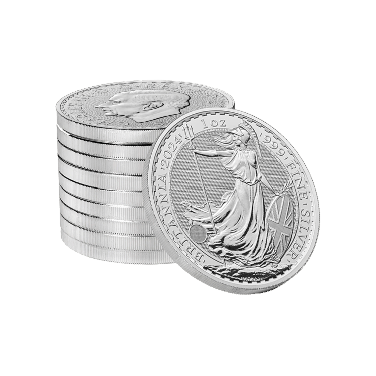 Stapeltje 1 troy ounce zilveren munt Britannia 2024 