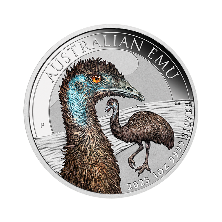 1 troy ounce zilveren Australian Emu munt gekleurd 2023 voorzijde
