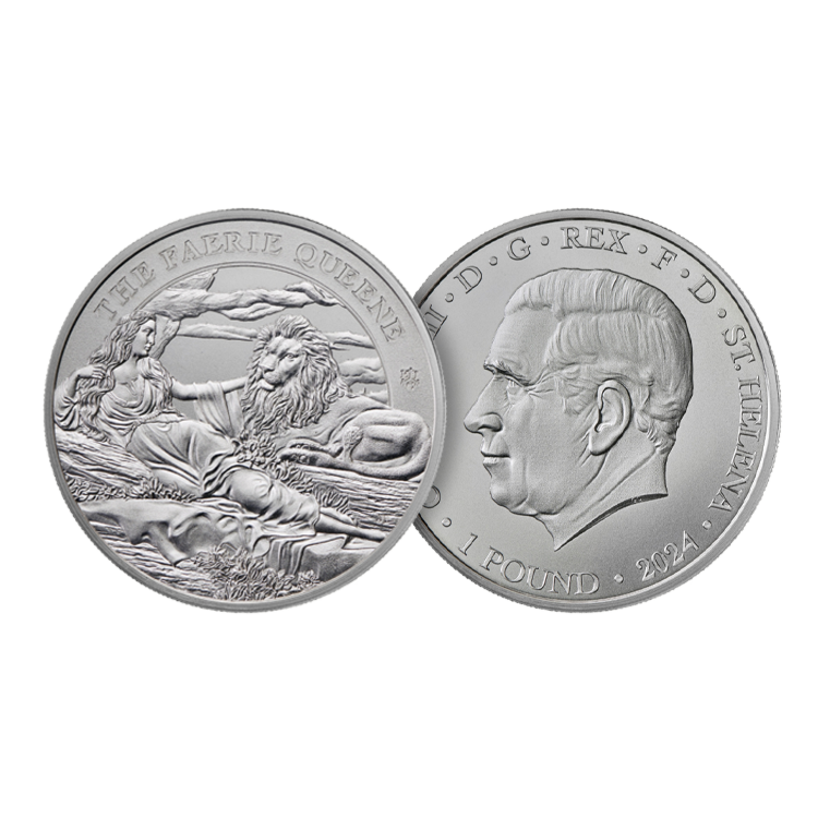 Voor- en achterzijde zilveren St Helena Faerie Queene - Una & Lion munt