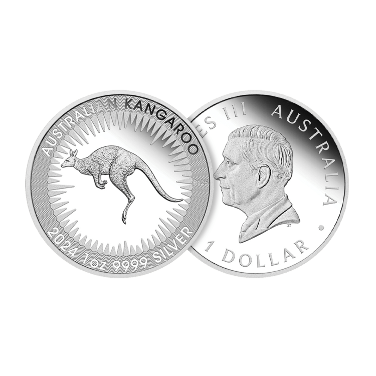 Voorkant en achterkant 1 troy ounce Australian Kangaroo munt 2024 proof
