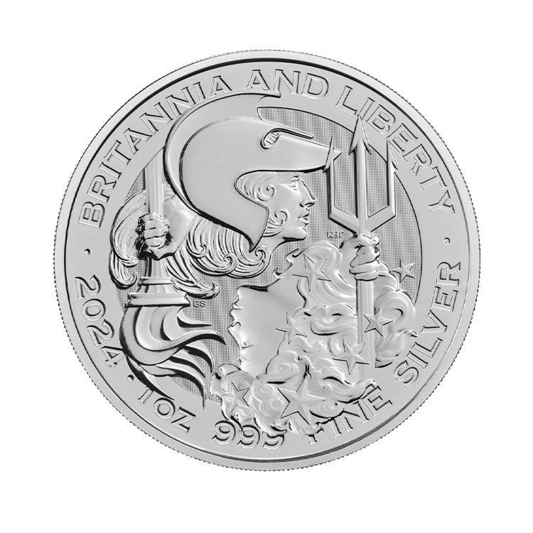 Voorzijde van de 1 troy ounce zilveren Britannia and Liberty munt uit 2024