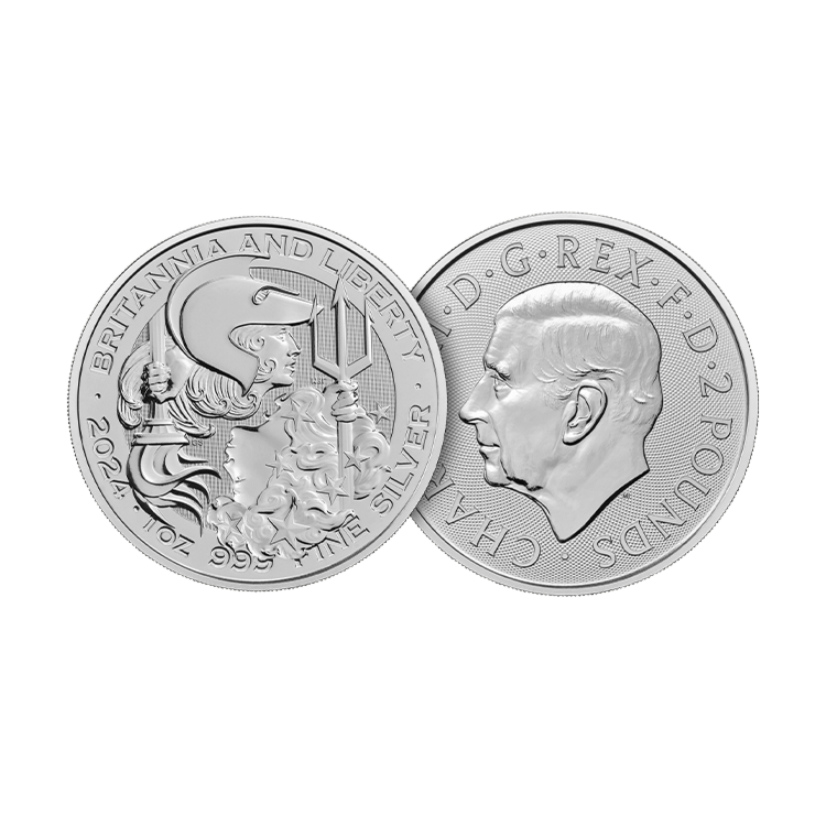 Ontwerp van de 1 troy ounce zilveren Britannia and Liberty munt uit 2024